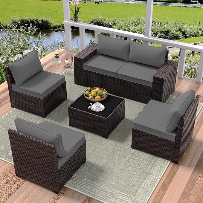 6 PCS Outdoor Patio Furniture Set,Outdoor Sectional Furniture All Weather PE Rattan Wicker Patio Conversation Set with Coffee Table and 5 Thickened Cushions,Grey