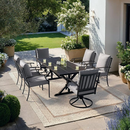 Kullavik 7 Pieces Outdoor Dining Set,Patio Dining Table and Chairs Set for 6,Fence Pattern Back Chairs with Thickened Cushions & X-Frame Metal Dining Table with Umbrella Hole for Patio,Grey