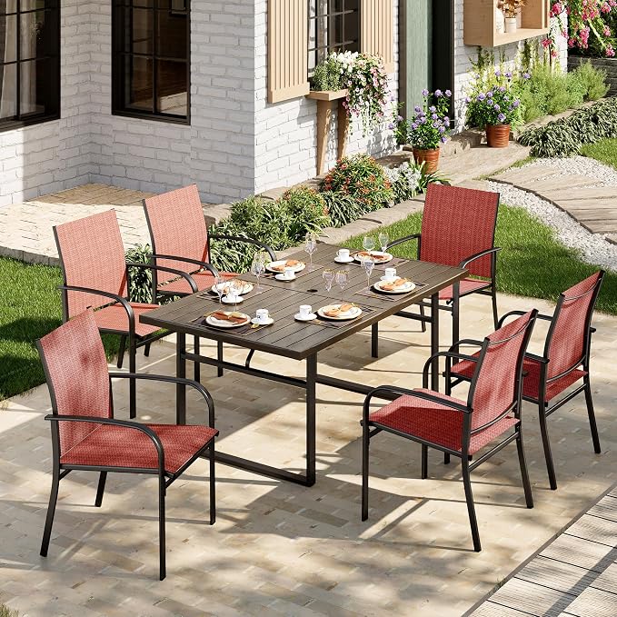 MIXPATIO 7-Piece Outdoor Dining Set 6 Red Textilene Chairs and Steel Tabletop with Wood Grain Rectangle Table for Deck Garden Backyard Lawn Poolside
