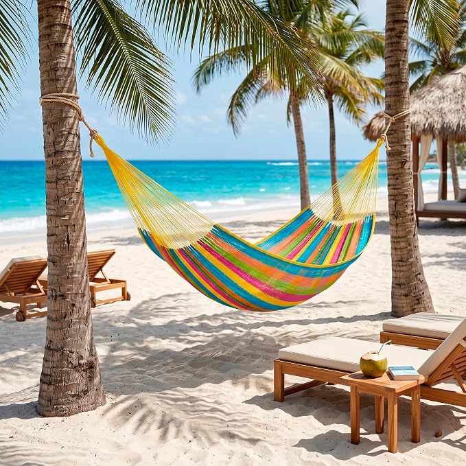 NOVICA Bright Yellow Orange Turquoise Blue Striped Tropical Hand Woven Cotton and Nylon Mayan 2 Person XL Rope Hammock, 'Yucatan Feast' (Double)