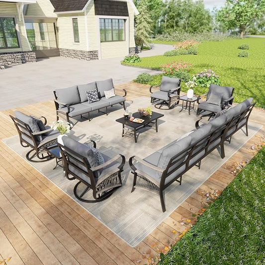10 Pieces Patio Furniture Set, Metal Outdoor Conversation Sets with Swivel Chairs, Modern Couch Sofa Seating Group with Coffee Table and Side Table (Thick Gray Cushions)