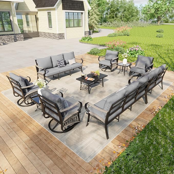 10-Piece Patio Conversation Sets, All Weather Metal Outdoor Furniture Set Includes 2 Three-Seater Sofa 4 Swivel Rockers with 2 Side Tables 1 Loveseat with Coffee Table for Deck Porch Poolside, Gray