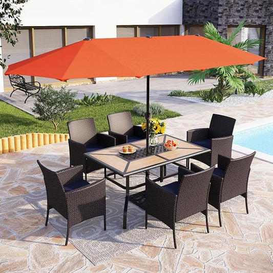 PHI VILLA 7pc Patio Dining Set w/Umbrella, Wood-top Table, Rattan Chairs | Outdoor Dining Set for 6, Metal Dining Table & 6 Cushioned Rattan Chairs with Red Umbrella for Outdoor, Deck, Yard, Porch
