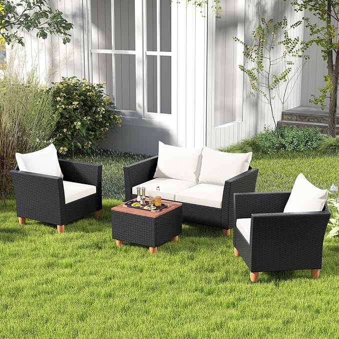 HAPPYGRILL 4 Pieces Wicker Patio Conversation Set, PE Rattan Chair & Ottoman Set with Removable Cushions, Storage Coffee Table, Outdoor Furniture Set for Garden Backyard Poolside (Off White)