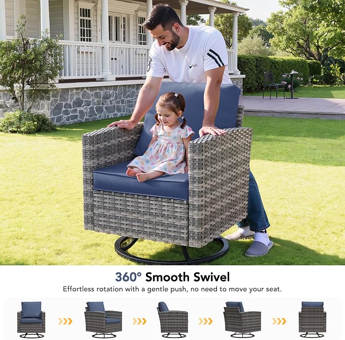 Patio Furniture Set, 6 Pcs Patio Outdoor Sectional, Wicker Outdoor Couch with Swivel Chair, Ottomans, Side Table, 4" Thick Cushion, for Garden Backyard Deck,Navy Blue