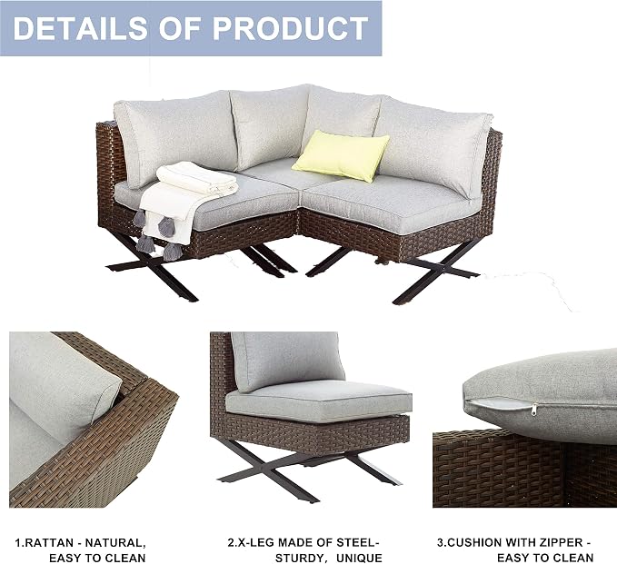 LOKATSE HOME 3 Piece Conversation Set Sectional Rattan Patio Furniture Include 2 Armless Chairs and 1 Corner Sofa with X-Shaped Legs, Brown