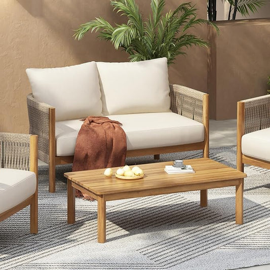 Christopher Knight Home Havets 2 Pieces Conversation Set, Acacia Wood Loveseat and Coffee Table Set, Woven Rope Armchair, Slats Panel End Table, 6" Thick Cushion Couch for Backyard Garden, Teak+Beige