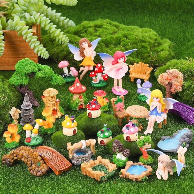 32 Pcs Fairy Garden Accessories Mini Fairy Figures | Miniature Table and Chairs Bridge Mushroom Lighthouse Water Well Pond Landscape OrnamentKit for DIY Garden Potted Desk Decor