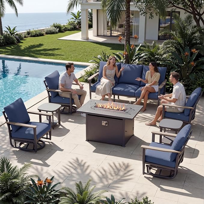 Aluminum Outdoor Patio Furniture Set with Swivel Rocking Chairs 7-Seat, Patio Sectional Sofa Patio Conversation Set with 55,000 BTU Fire Pit Table & High Backrest, Navy Blue