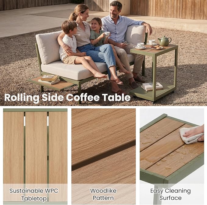 4 Piece Patio Sectional Sofa Set, Patio Furniture Set with Cushions, Outdoor Furniture Conversation Set for 5, Modern Modular Patio Couch with Side Table/Pullout Tray for Deck/Pool, Beige
