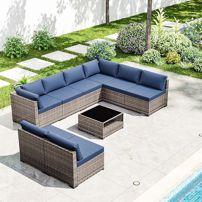 Joyside 9-Piece Patio Furniture Set, Rattan Outdoor Sectional Wicker Patio Conversation Set with Cushions and Coffee Table