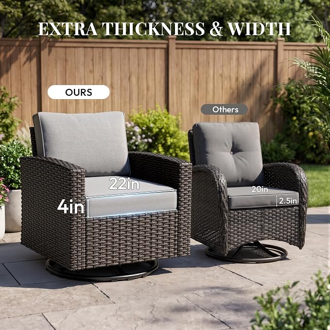 WWR Furniture Set-30% Thicker Wicker-Luxury 4 Piece PatioWicker Outdoor Patio Conversation Set with Extra Wide & Thick Cushions, Swivel Rocking Chairs for Backyard, Porch & Deck