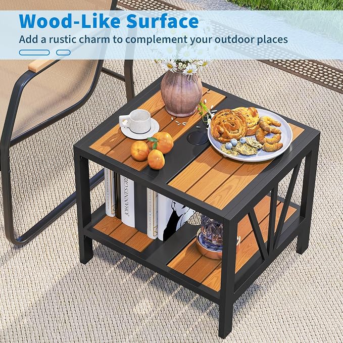 Tangkula Outdoor Side Table with 1.57” Umbrella Hole, 2-Tier Patio Metal End Table with Storage Shelf, Small Bistro Coffee Table for Porch, Balcony, Garden and Backyard (1)