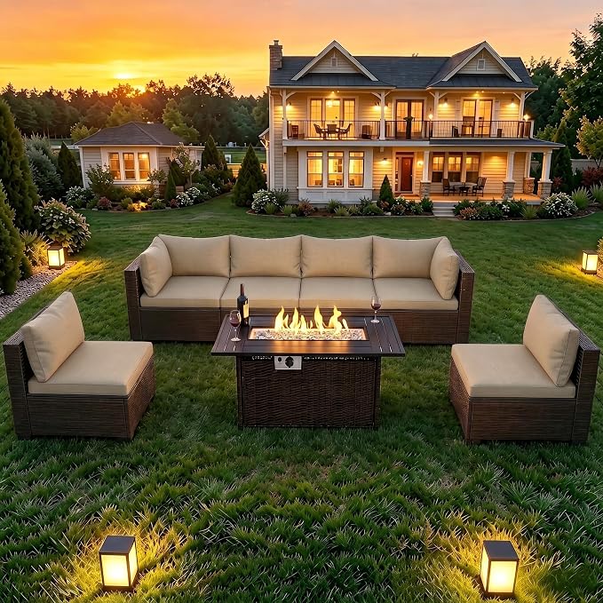 LAFWELL 8-Piece Wicker Patio Conversation Set with 44" Propane Fire Pit Table, Cozy Outdoor Sectional Sofa for Backyard Gatherings, Poolside Lounging & Garden Parties