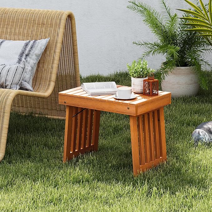 HAPPYGRILL Outdoor Folding Side Table Set of 2, Foldable Patio Acacia Wood End Table with Slatted Tabletop & Leg Frame, Small Outside Table for Backyard Poolside Porch (Teak Finish)