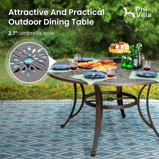 PHI VILLA Patio Dining Set, Swivel Chairs, 54" Round Cast Aluminum Table | Cast Aluminum chairs, Bronze (Swivel Chairs), 2.1 umbrella hole, 360° swivel, rocking, Cushions, E-coated