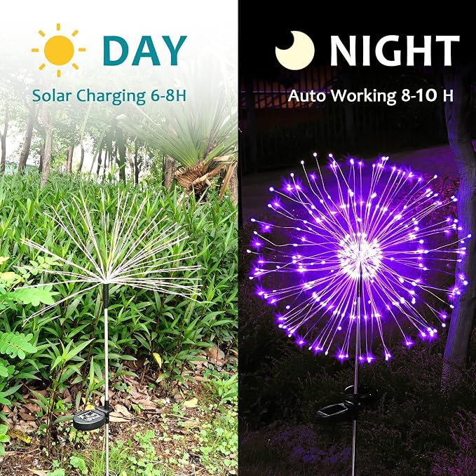 Solar Firework Lights, 2 Pack 120 LEDs 2 Lighting Modes Solar Garden Lights Outdoor Waterproof for Yard Patio Walkway Pathway Party Wedding Christmas Decorative - Purple
