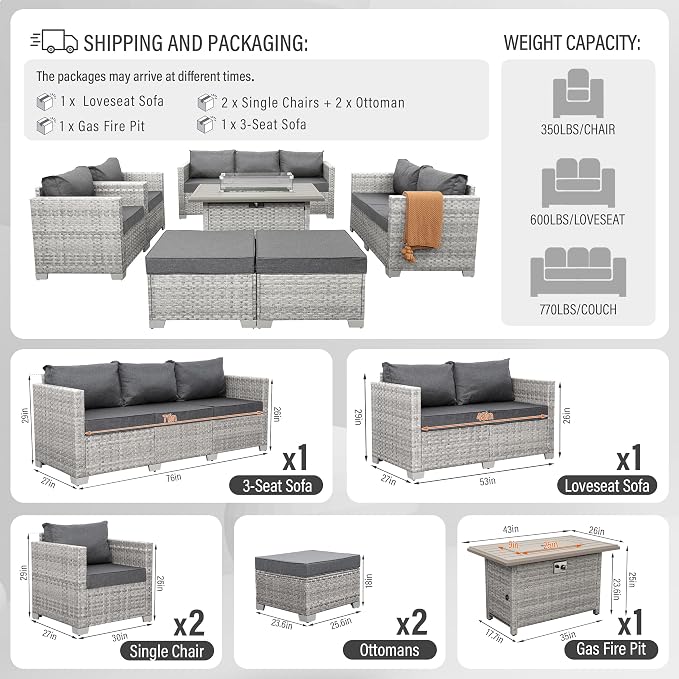 WAROOM Patio Furniture Set 7 Piece Grey Wicker Outdoor Conversation Sets PE Rattan Sectional Sofa with Propane Fire Pit Table and Anti-Slip Grey Cushion