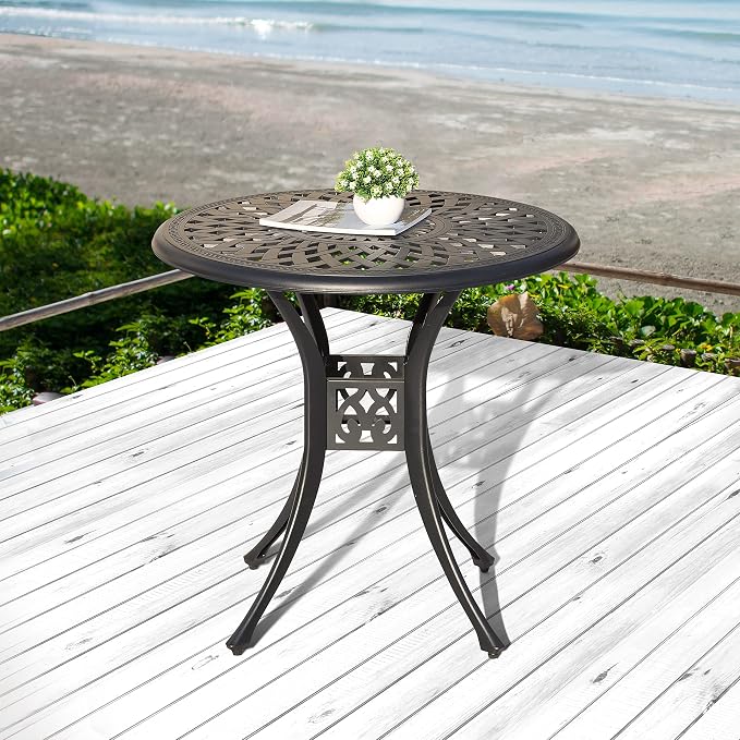 NUU GARDEN 30 Inch Patio Dining Table, Cast Aluminum Round Outdoor Table with Umbrella Hole for Patio, Backyard, Deck Black