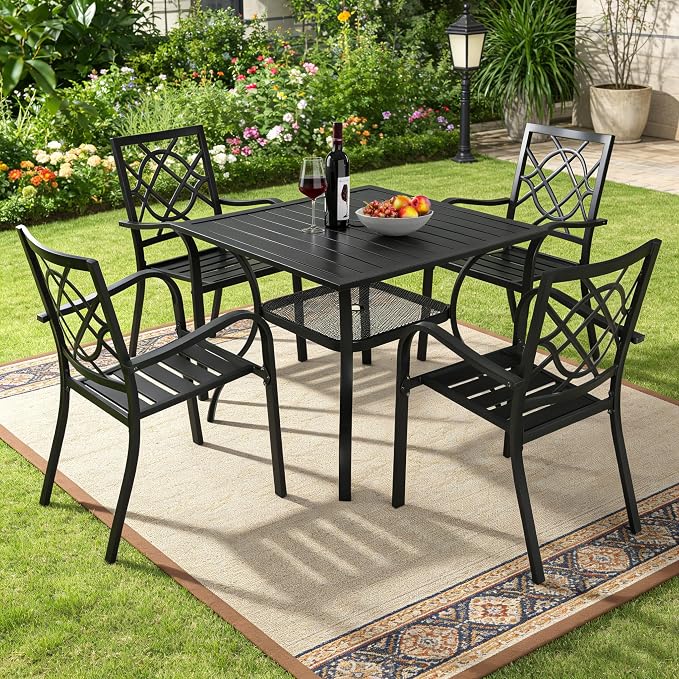 SUNCROWN 5-Piece Outdoor Wrought Iron Chairs and Table Patio Dining Furniture Set - 4 Stackable Metal Chairs, 1 Steel Slat Bistro Table for Garden Backyard Deck
