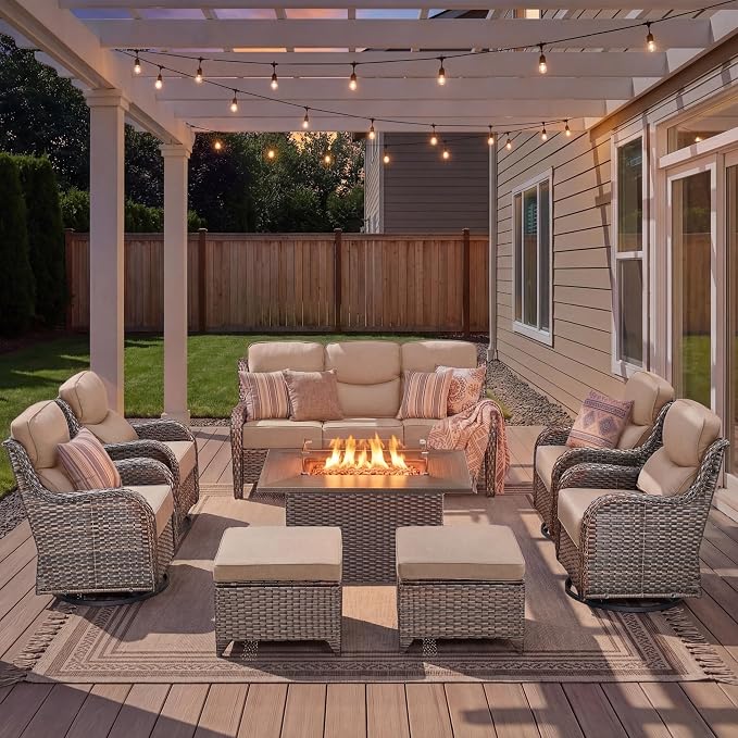 Luxury Patio Furniture Set with Fire Pit Table-8 Pieces All Weather Outdoor Swivel Rocker Chairs with Sofa and Ottomans. Outdoors Patio Conversation Sets for Porch Deck Garden Backyard(Brown/Beige)