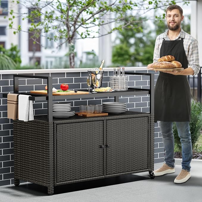 YITAHOME XL Outdoor Storage Cabinet, Outdoor Storage Cart with Wheels and Black Glass Table Top for Patio, Outdoor Cabinet for Poolside and Backyard (Dark Brown)