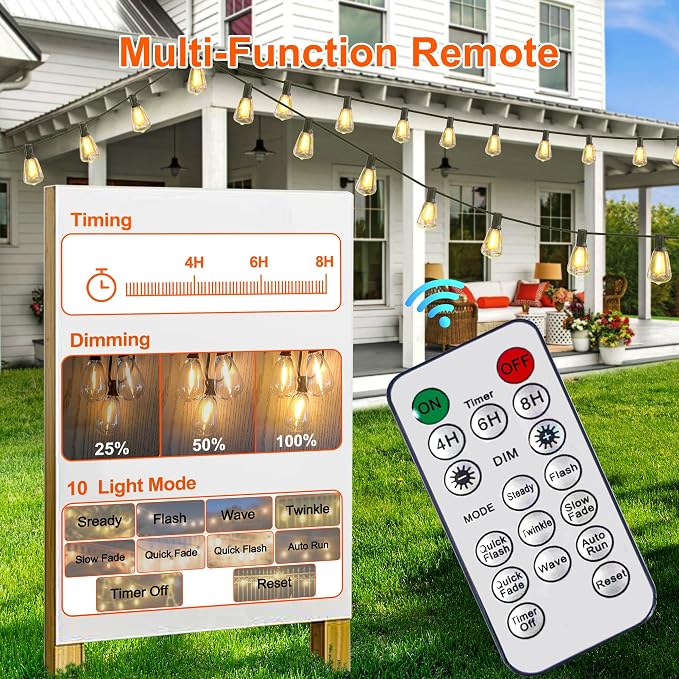 BLIATLUS 55FT Solar String Lights, Waterproof Outdoor with Remote 24+2 ST38 LED for Backyard Bistro Porch