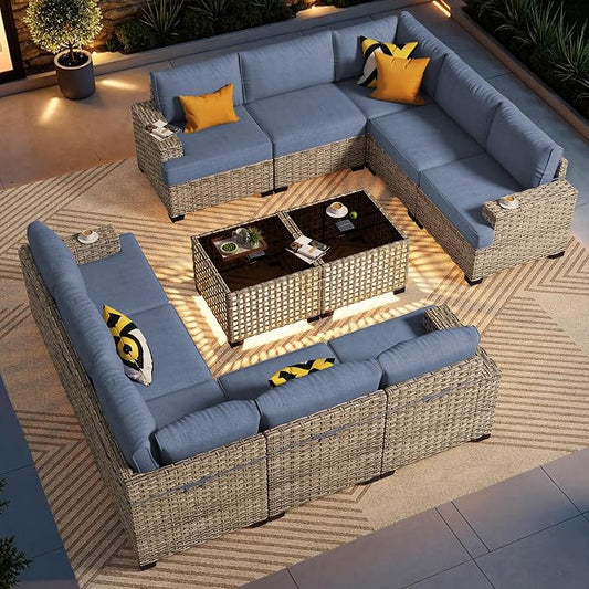 CAODOC Patio Furniture Sets 12 Pieces Outdoor Sectional Rattan Sofa Manual Weaving Wicker Patio Conversation Set with Ottomans and T Cushion(Light Blue)