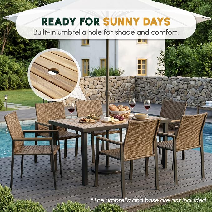 BEEFURNI Wicker Patio Furniture Dining Set, Outdoor Patio Table and Chairs Set, Rattan Outdoor Furniture Set, Acacia Wood Table, Chairs, Weather Proof Set for Porch, Backyard (Brown)