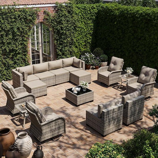 15-Piece Outdoor Patio Furniture Set with Rocking Swivel Chair, Wicker Rattan Sectional Sofa Conversation Set with Tempered Glass Table, with Ottomans Backyard Furniture, Beige