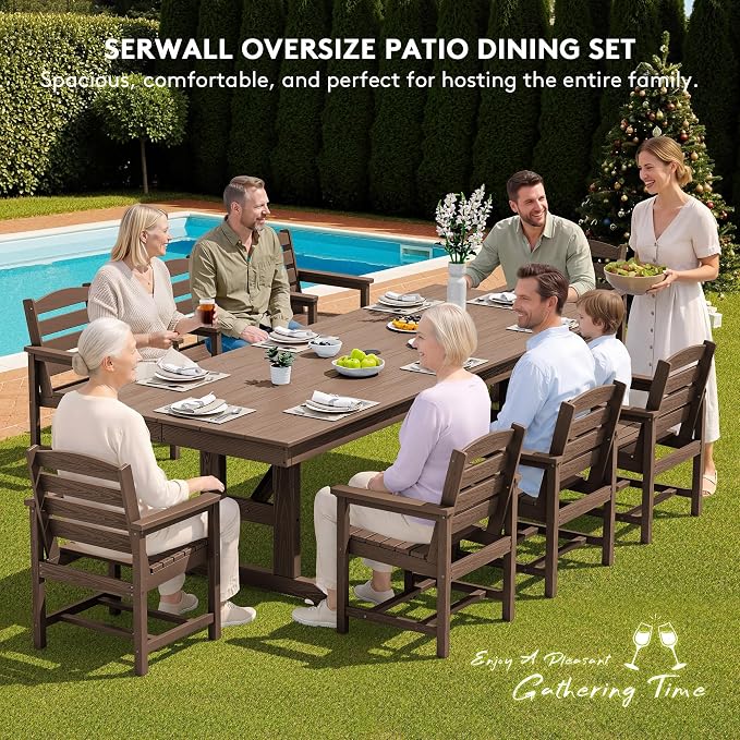 SERWALL Outdoor Dining Table, 84" Rectangular Dining Table for 6-8 Person, All Weather HDPE Patio Dining Table with Umbrella Hole for Backyard, Garden, Brown