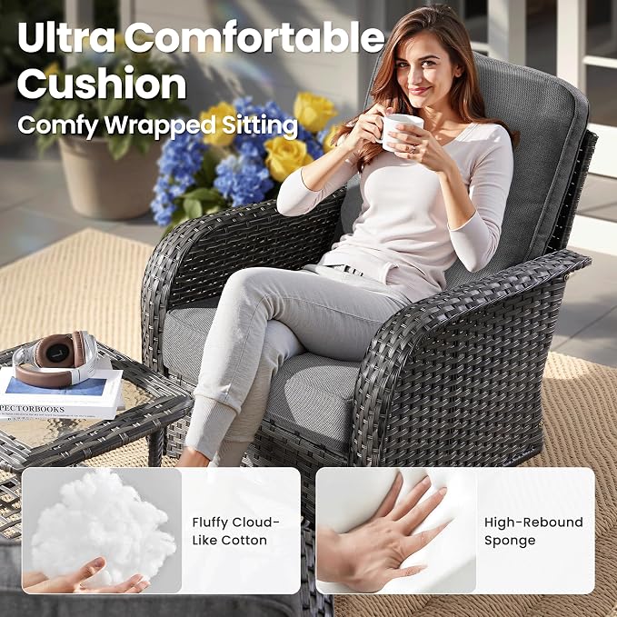 ovios 3-Piece Patio Furniture Set, Outdoor Wicker Sofa with Swivel Chairs, High Back Rattan Gliders Rocker with Comfy Cushions for Porch Yard Deck, Dark Grey