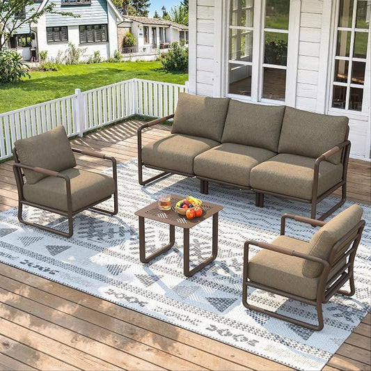 5-Seat Outdoor Aluminum Patio Sofa Set with Coffee Table, Deep Seating Conversation Set with 6.5" Cushions, Modern All-Weather Furniture for Garden, Balcony, Poolside, Brown