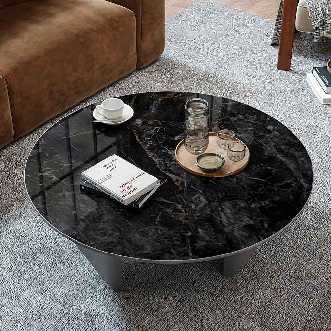 ZL ZELing Round Sintered Stone Table Top 31",Replacement Table Top for Indoor & Outdoor - Heat/Scratch Resistant Waterproof Ceramic DIY Desktop, Patio/Balcony/Bistro/Café & Dining Room (Bright Black)