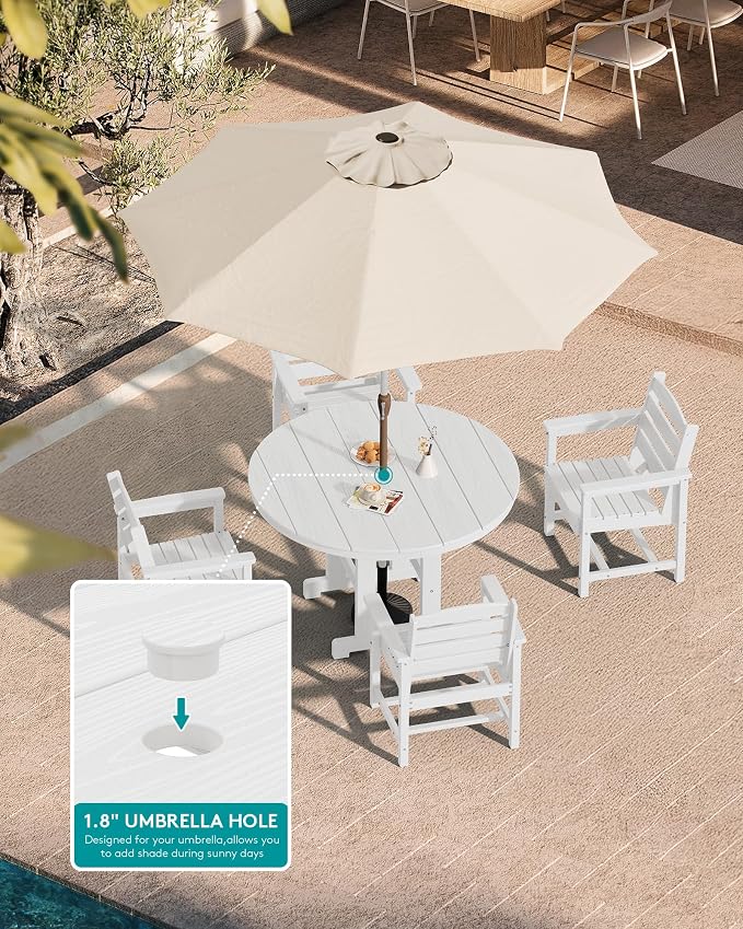 SERWALL 5-Piece Patio Dining Sets, HDPE Outdoor Table and Chairs Furniture Set, 45" Round Dining Table and 4 Dining Chairs, White