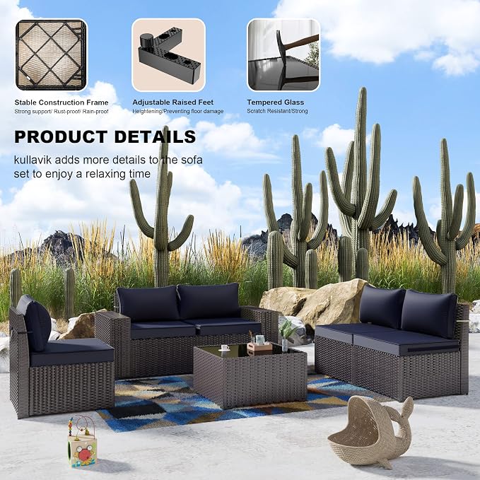 Kullavik Outdoor Patio Furniture Set 6 Pieces Sectional Rattan Sofa Set Brown PE Rattan Wicker Patio Conversation Set with 5 Seat Cushions and 1 Tempered Glass Table,Navy Blue