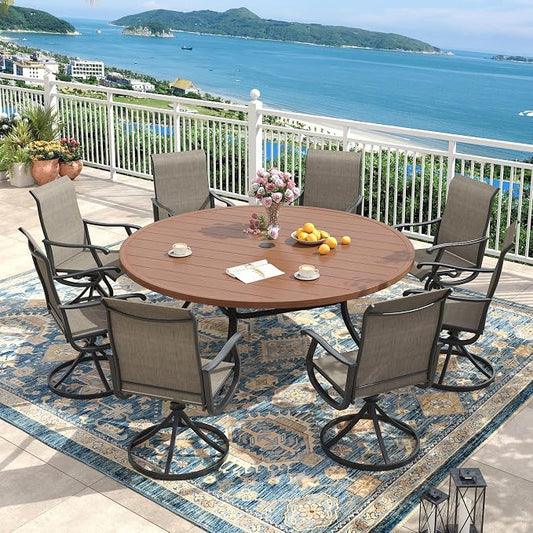 Outdoor Dining Set for 8, 63" Metal Round Outdoor Dining Table with Umbrella Hole and Sling Patio Swivel Chairs, 9 Pieces Patio Table and Chairs Set for Garden Backyard, Mixed Brown and Walnut