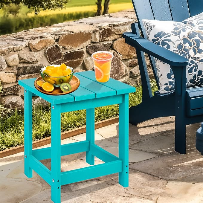 LZRS Patio End Table, Heavy Duty HDPE Outdoor Coffee Table with Wood Texture, Weatherproof Composite Table for Adirondack Chairs, Deck, Pool, Indoor/Outdoor, No Peeling or Cracking(Turquoise)