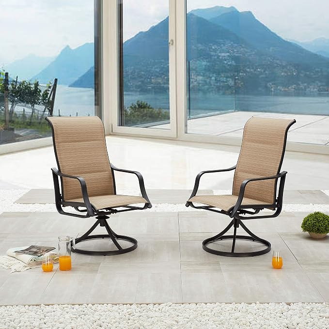 LOKATSE HOME Outdoor Swivel Patio Chairs Set of 2, 360-Degree Stable Rotation Textilene Dining Chair with High Back for Lawn Backyard Deck, Beige