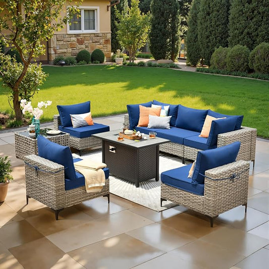 8 Pcs Patio Furniture with Fire Pit Table, Outdoor Rattan Wicker Conversation Set with Glowing Coffee Table, Comfy Sectional Sofa for Porch Balcony Backyard Pool, Blue