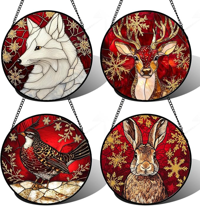 DASTOLL Stained Glass Window Hanging 4 Pcs Set Red Golden Snowflakes 6.3" - Christmas Elk Rabbit Suncatcher Door Garden Sun Catcher Decor Birthday for Mom Woman Nana Men