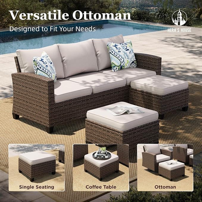 HERA'S HOUSE Outdoor Patio Furniture Set with Swivel Glide Chairs, 6 Pieces Wicker Patio Conversation Sofa Sets for Backyard Porch Deck, Beige