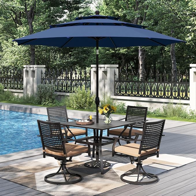 PHI VILLA Outdoor Table Chairs for 4, Patio Metal Furniture w/Umbrella | 37" wrought iron square table & swivel chairs. 10ft blue umbrella. 5pcs dining set for deck, porch, backyard.