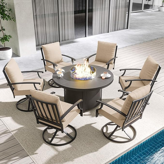 7 Piece Outdoor Dining Set for 6 with 48" Round Propane Fire Pit, Metal Outdoor Table and Chairs with 6 Swivel Chairs and Outdoor Fire Pit, Patio Table and Chairs Set for Patio, Deck, Sand