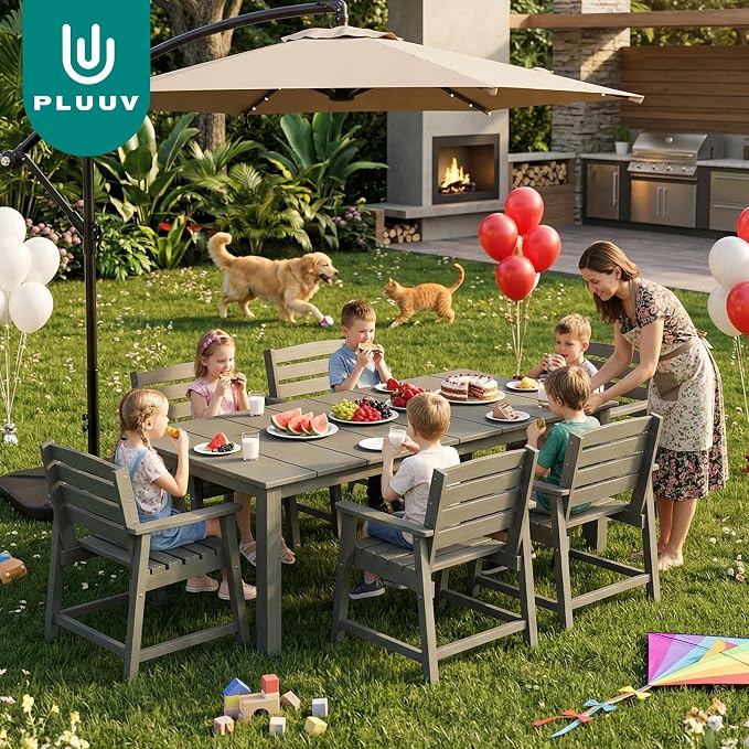 PLUUV 7-Piece Outdoor Patio Dining Set, All-Weather HDPE Dining Furniture Set with Umbrella Hole Cut-Out Table, Aluminum Table Legs, and 6 Chairs, Waterproof & Easy Clean for Backyard, Garden, Grey