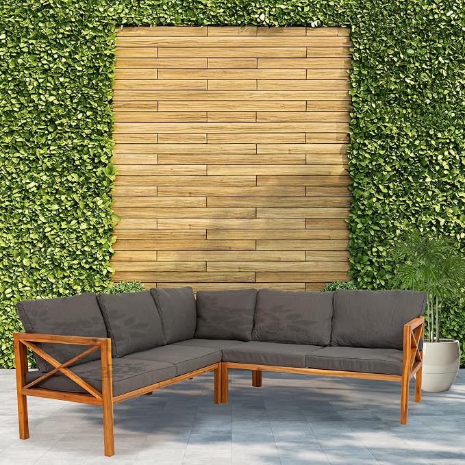 Sunnydaze 4-Piece Acacia Wood Patio Furniture Set - Edisto Outdoor Conversation Set - Wood Outdoor Furniture - Natural Gray