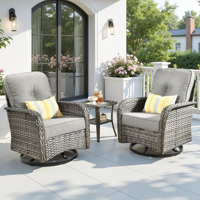 3 Pieces Patio Furniture Set, High Back Outdoor Swivel Rocker Chairs, Wicker Outdoor Furniture with Swivel Rocking Chairs and Side Table for Porch, Backyard, Balcony, Dark Grey