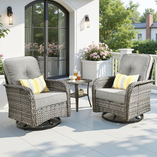 3 Pieces Patio Furniture Set, High Back Outdoor Swivel Rocker Chairs, Wicker Outdoor Furniture with Swivel Rocking Chairs and Side Table for Porch, Backyard, Balcony, Dark Grey