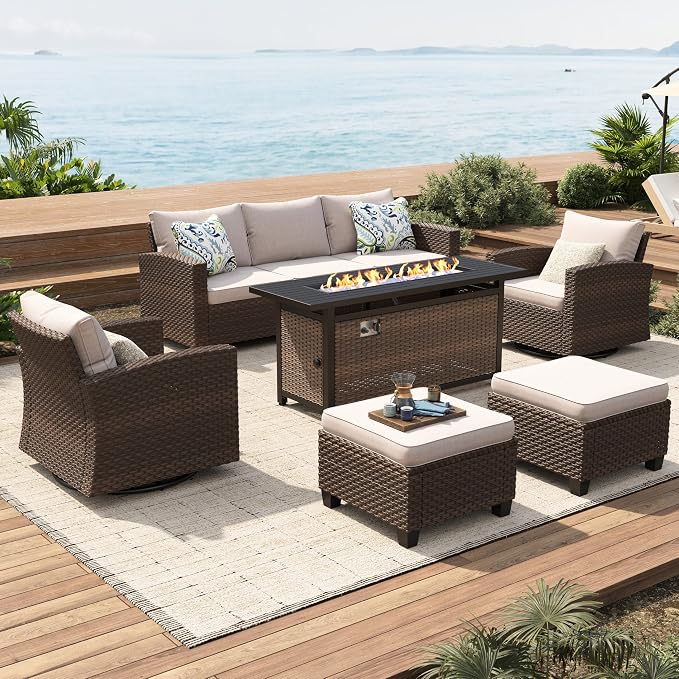SUNSHINE VALLEY Swivel Glider Patio Furniture Set Outdoor Furniture Brown Wicker Rattan Patio Conversation Sets with Cushion Outside Sofa Set,5 Pieces with Rectangular Firepit Table,7 Seats,Beige
