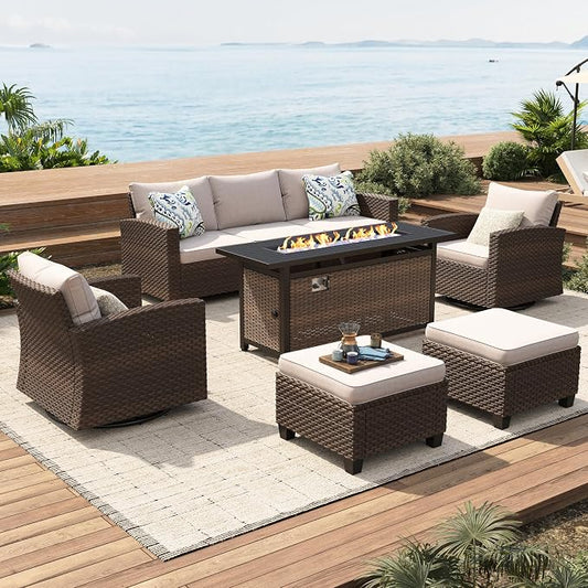 SUNSHINE VALLEY Swivel Glider Patio Furniture Set Outdoor Furniture Brown Wicker Rattan Patio Conversation Sets with Cushion Outside Sofa Set,5 Pieces with Rectangular Firepit Table,7 Seats,Beige